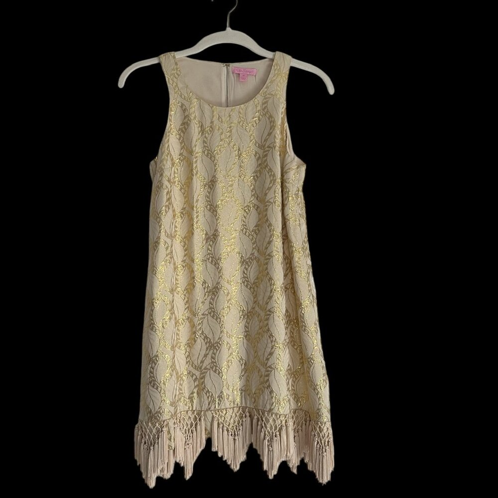 Lily Pulitzer Marquette shift dress in white silk and gold leaf XS